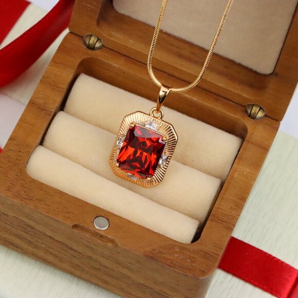 "Red Rectangle Pendant with Gold Frame and Sparkling Stone Accents, XPPT1787 - Picture 7 of 12